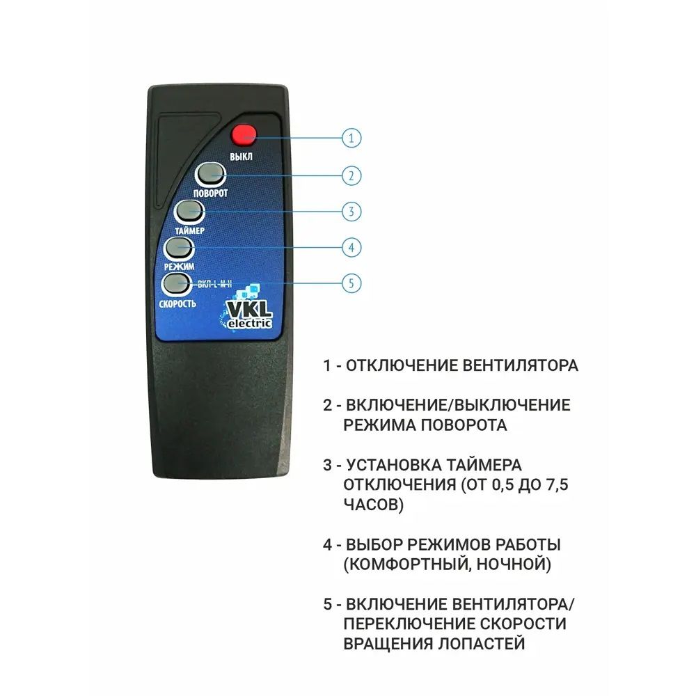 Вентилятор напольный VKL electric VGF-02-RC Black 40Вт 430 мм черный с пультом ду и таймером (4)