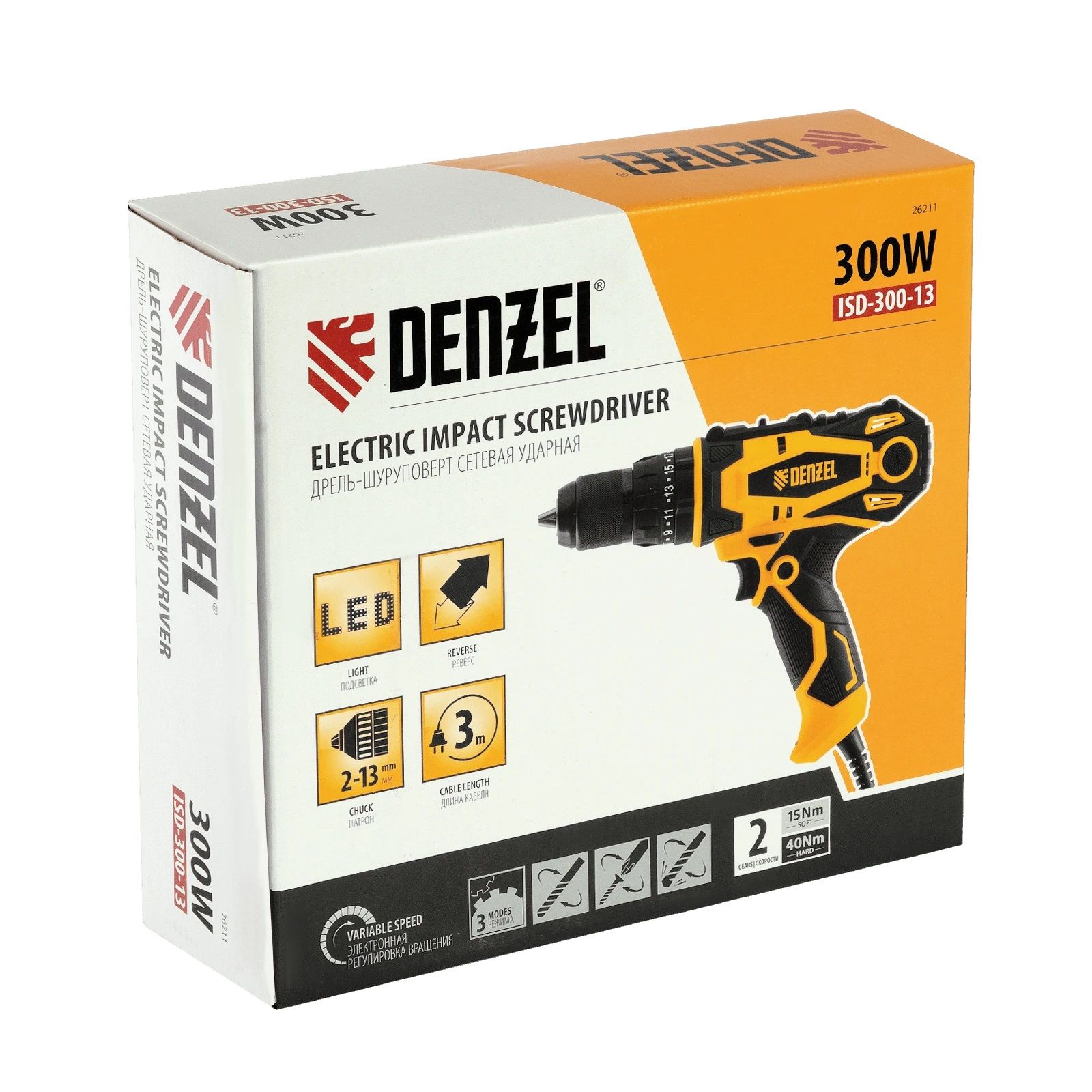 Дрель-шуруповерт сетевая ударная Denzel ISD-300-13 300Вт