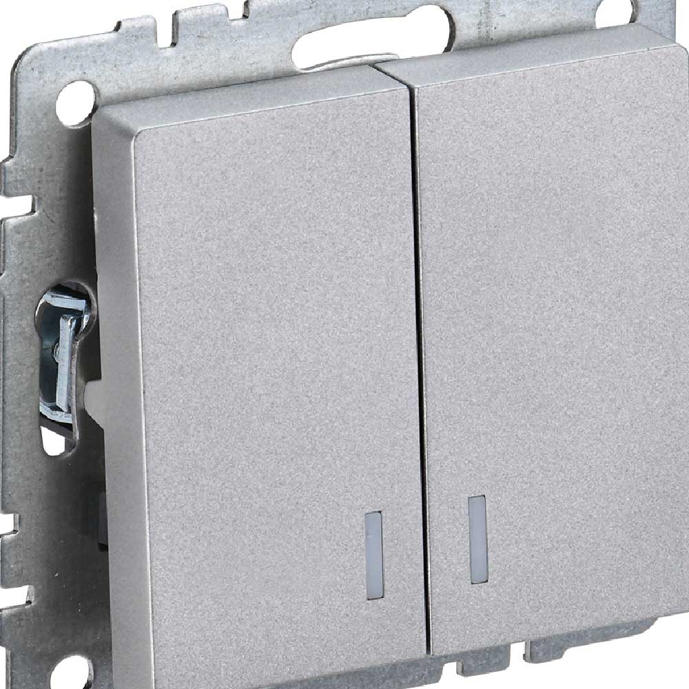 Выключатель 2 клавиши СП Brite ВС10-2-1-БрА 10А с инд алюм IEK BR-V20-1-10-K47