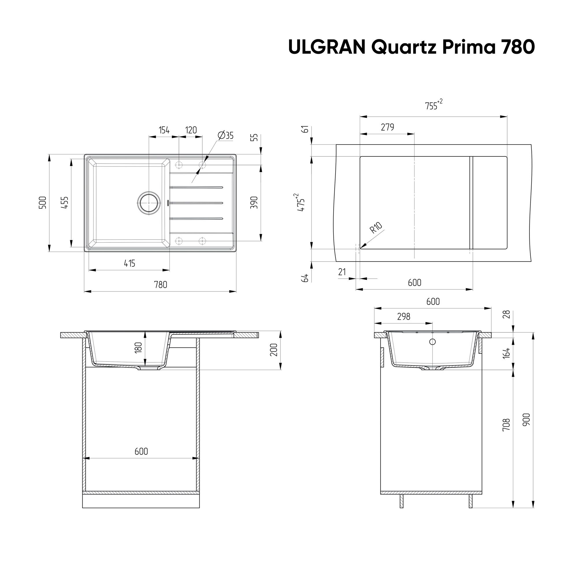Мойка врезная Ulgran Quartz Prima 780-07 780х500х180 мм уголь