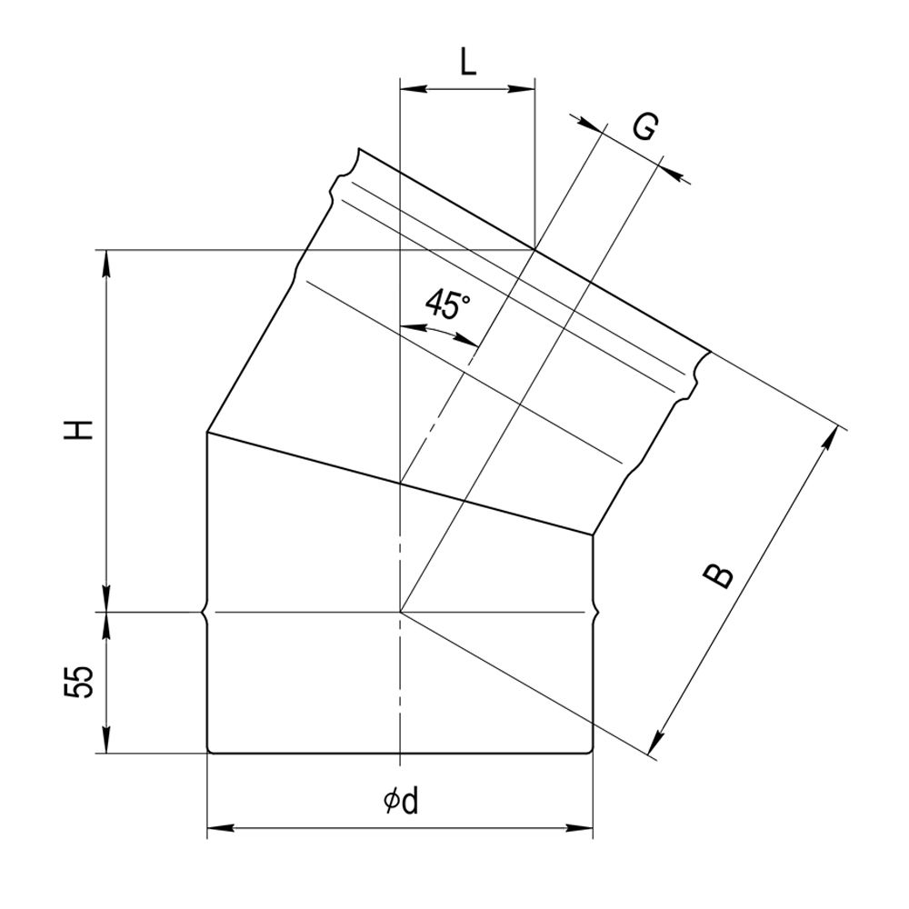 Колено нерж 0,8 мм 45° 2-х секц. d115 мм Везувий