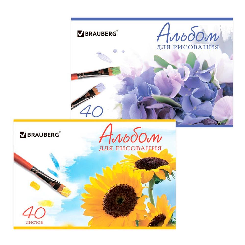 Альбом для рисования А4 40 л. скоба, обложка картон Brauberg Цветы 2 вида