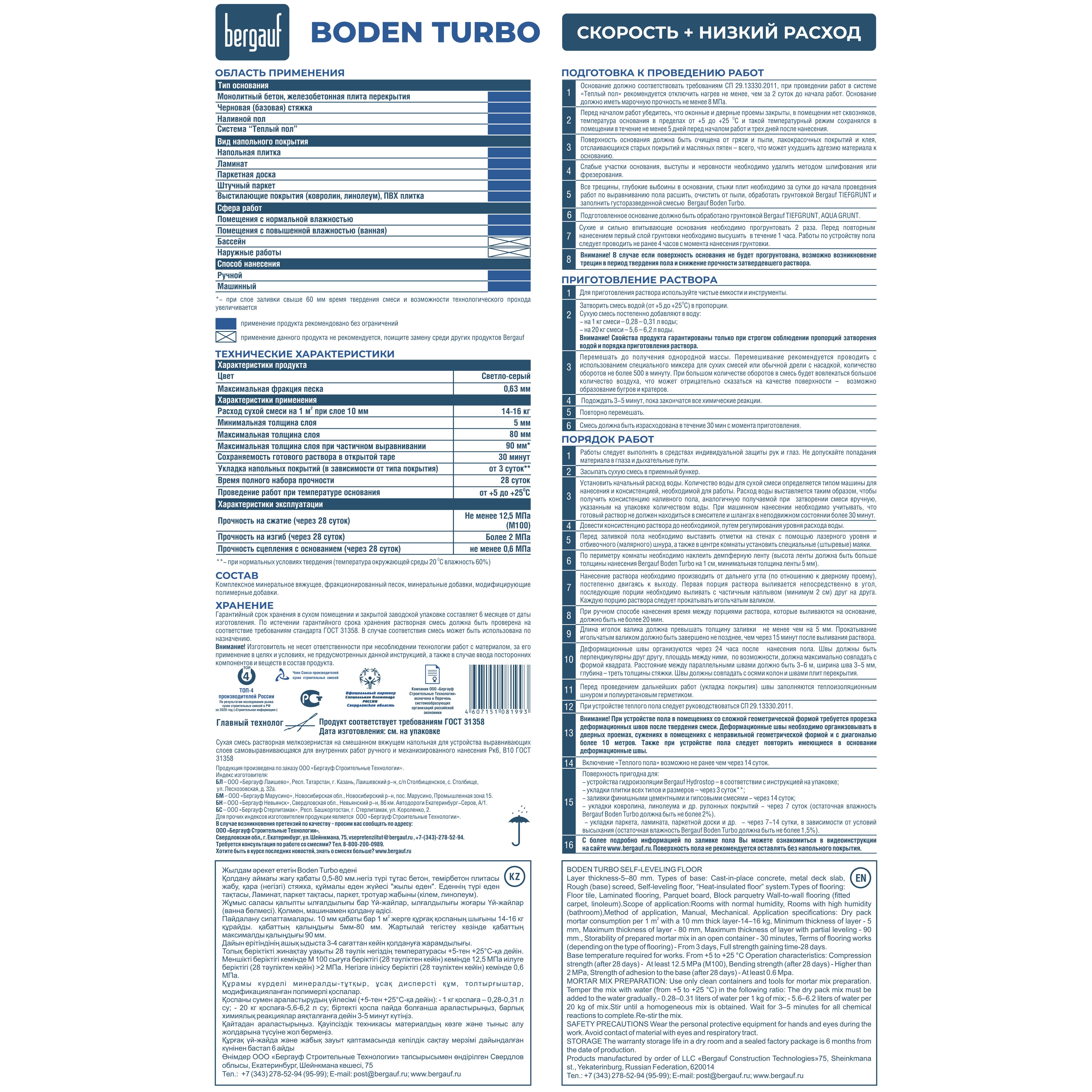Пол наливной Bergauf Boden Turbo 20 кг