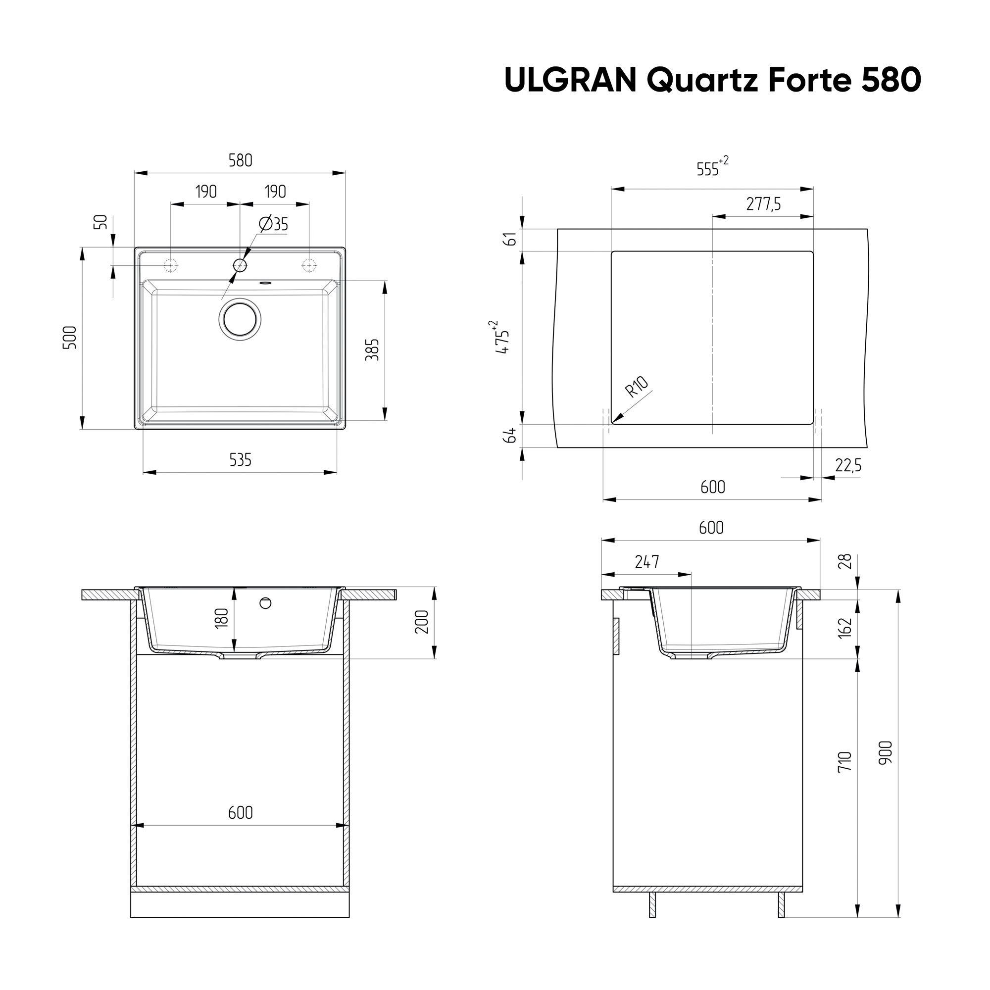 Мойка врезная Ulgran Quartz Forte 580-01 580х500х180 мм жасмин