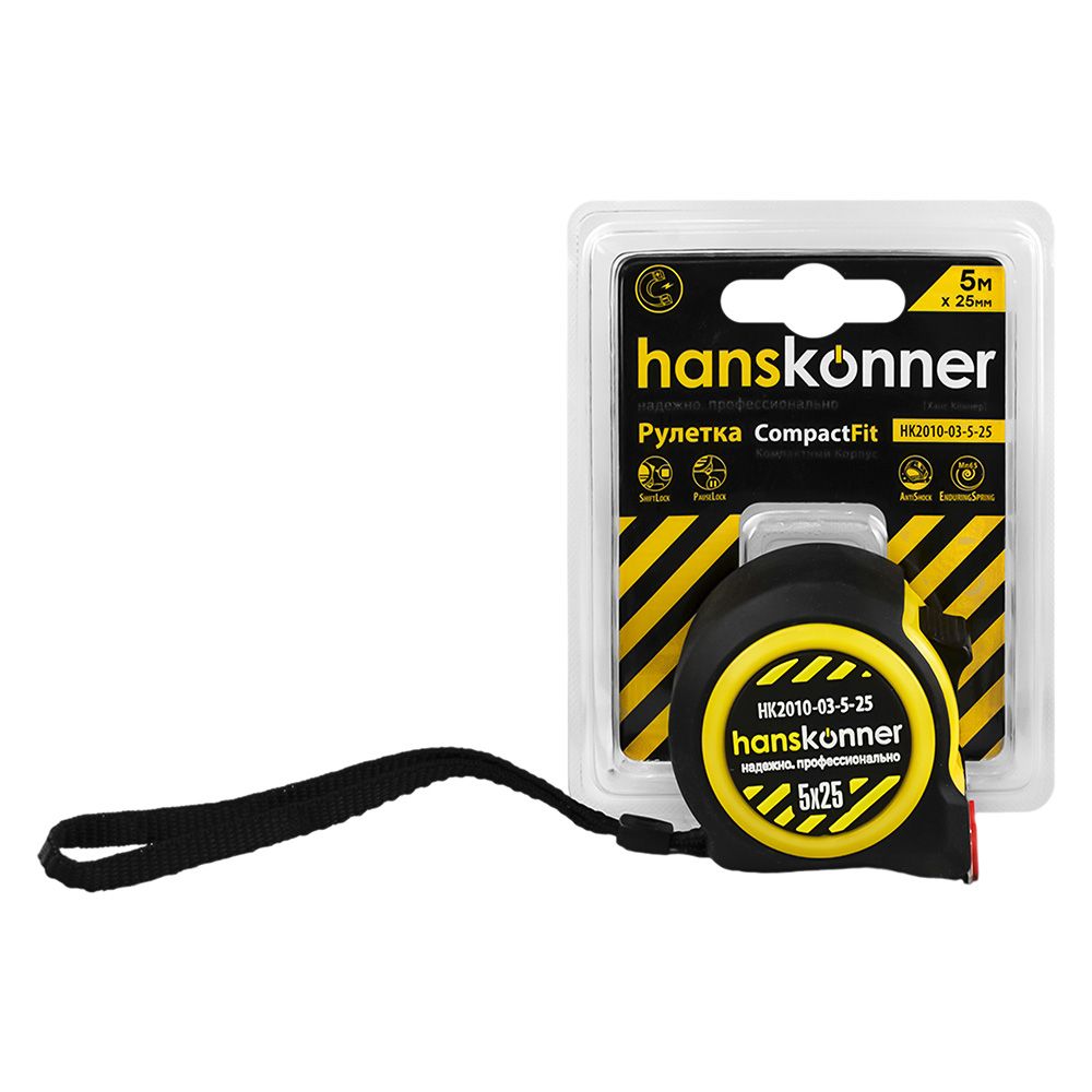 Рулетка 5 м х 25 мм автостоп, магнит Hanskonner