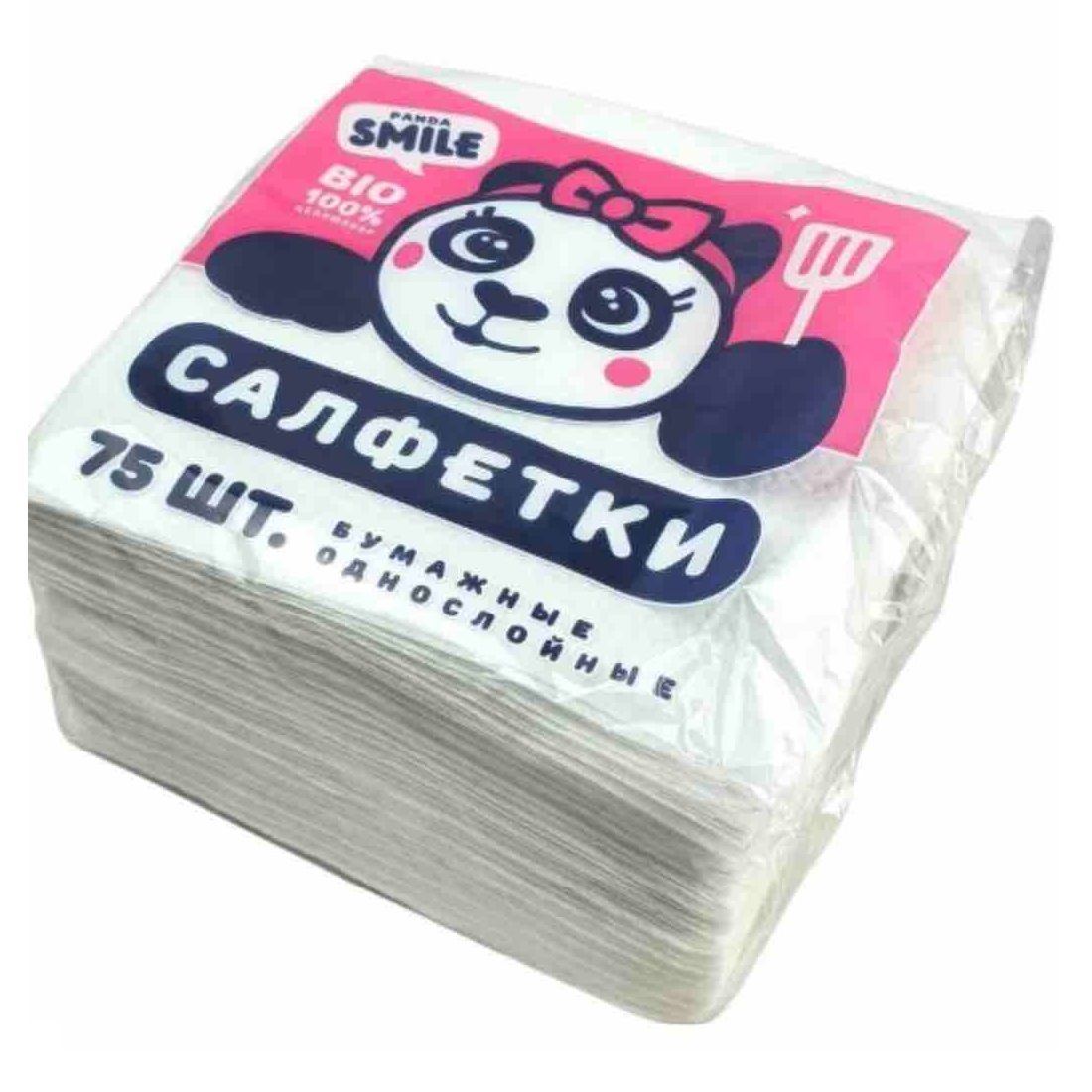 Салфетки бумажные Panda Smile 24х24 см 1 слойные 75 шт белые