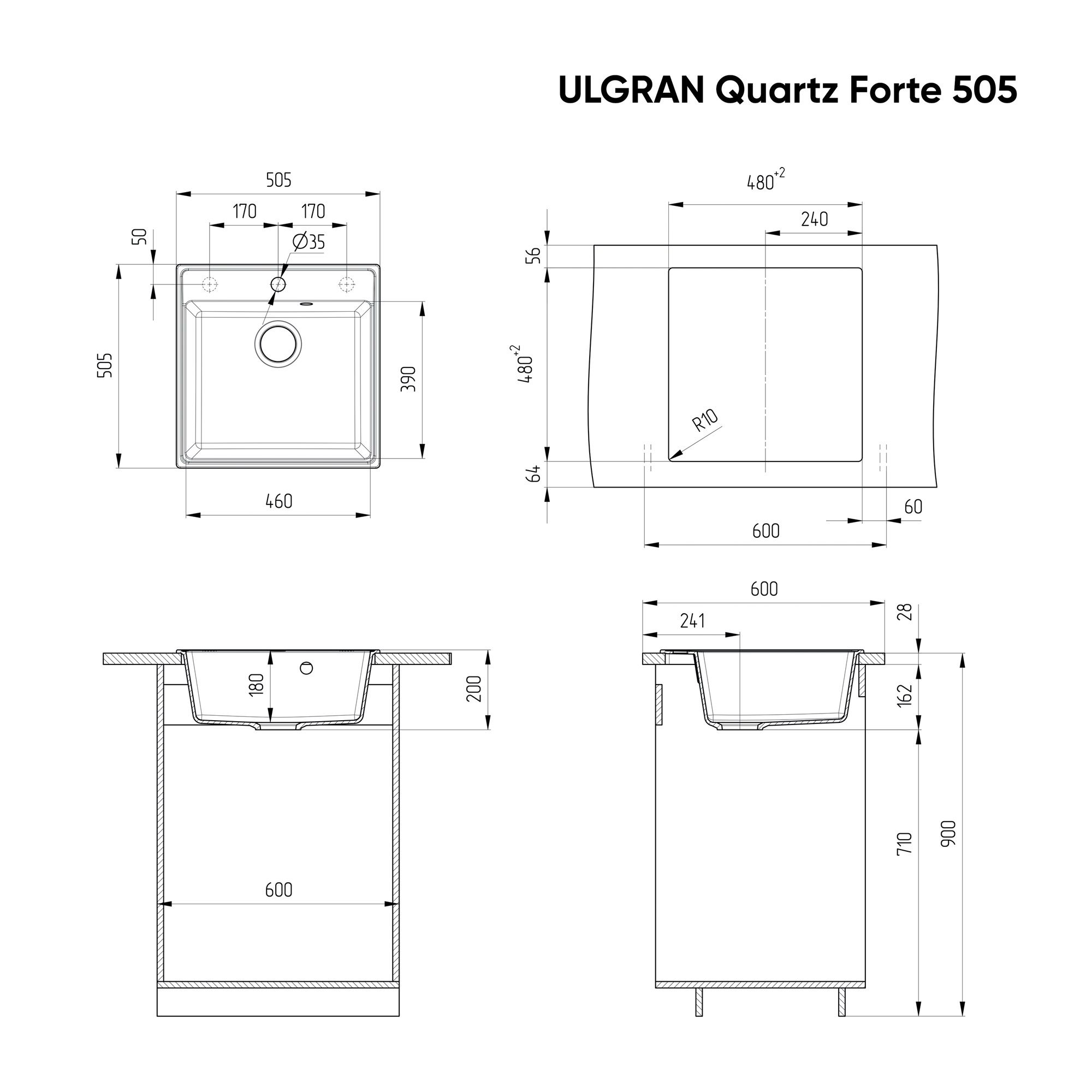 Мойка врезная Ulgran Quartz Forte 505-07 505х505х180 мм уголь