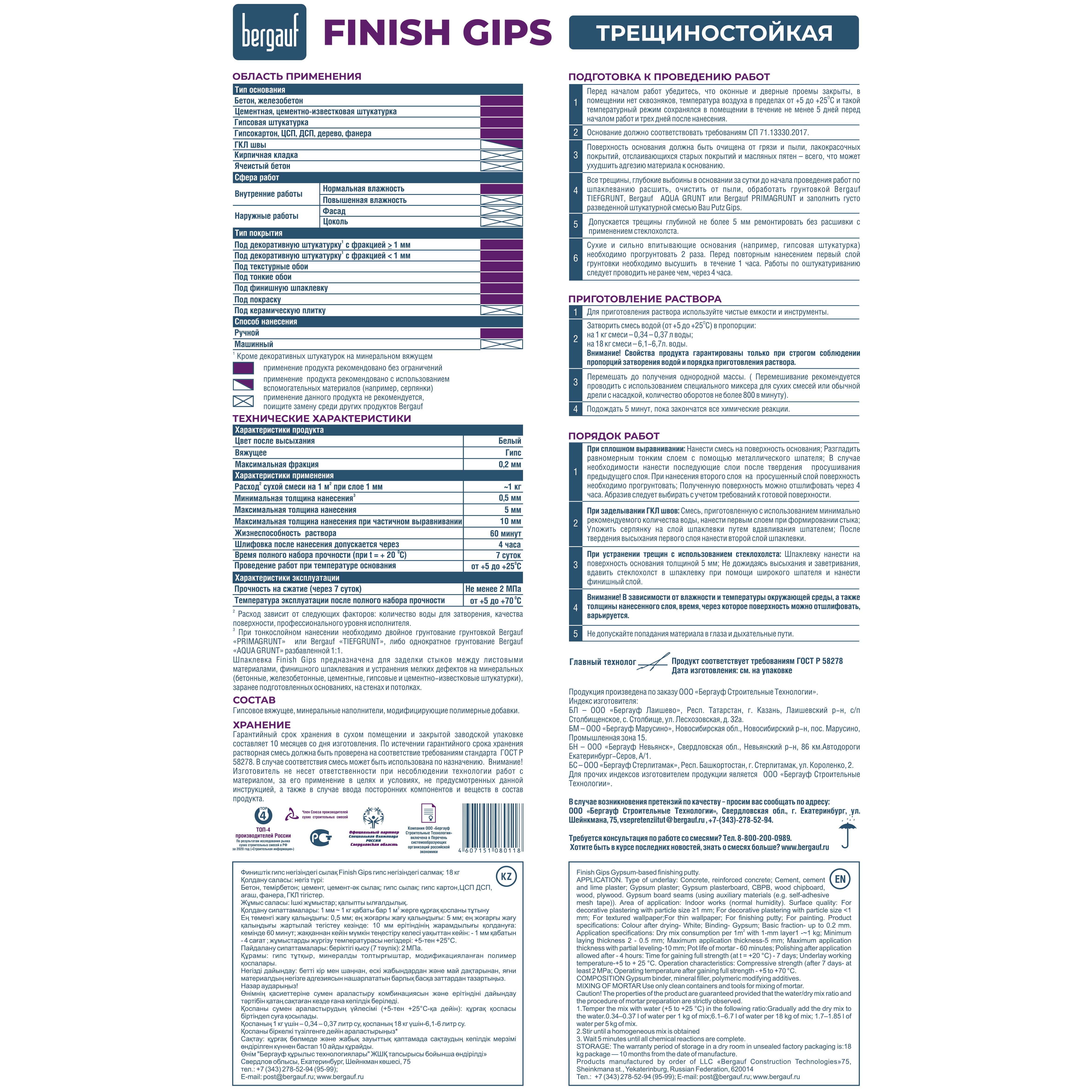 Шпатлевка гипсовая Bergauf Finish Gips 18 кг