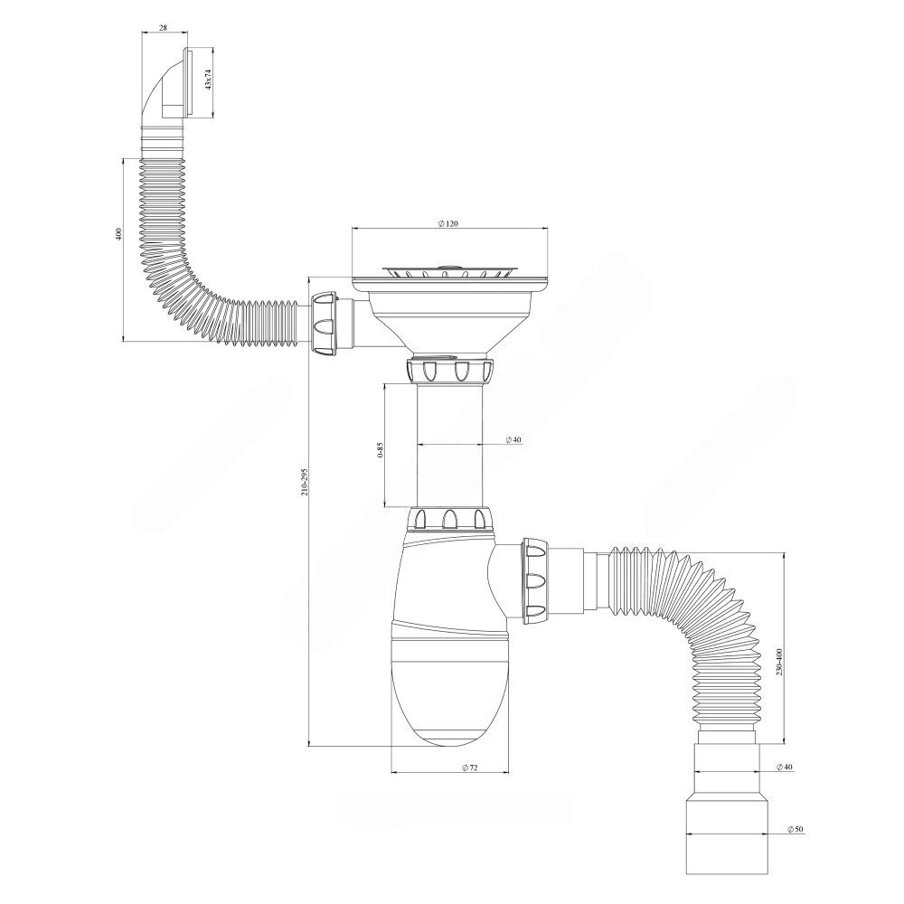 Сифон для мойки 3 1/2"х40/50 с прямоугольном переливом и гофротрубой Unicorn B425P