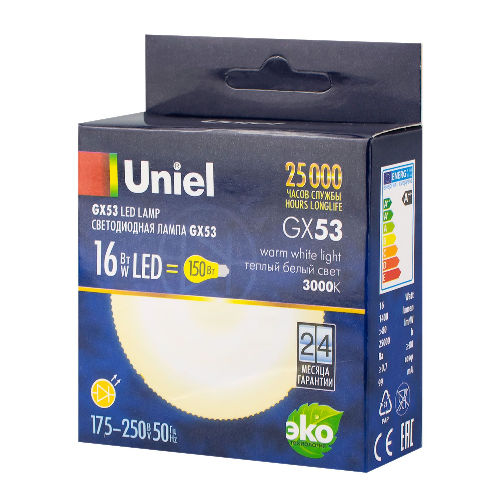 Лампа светодиодная теплый белый свет GX53 16 Вт 3000К LED-GX53-16W/WW/GX53/FR PLZ01WH Uniel