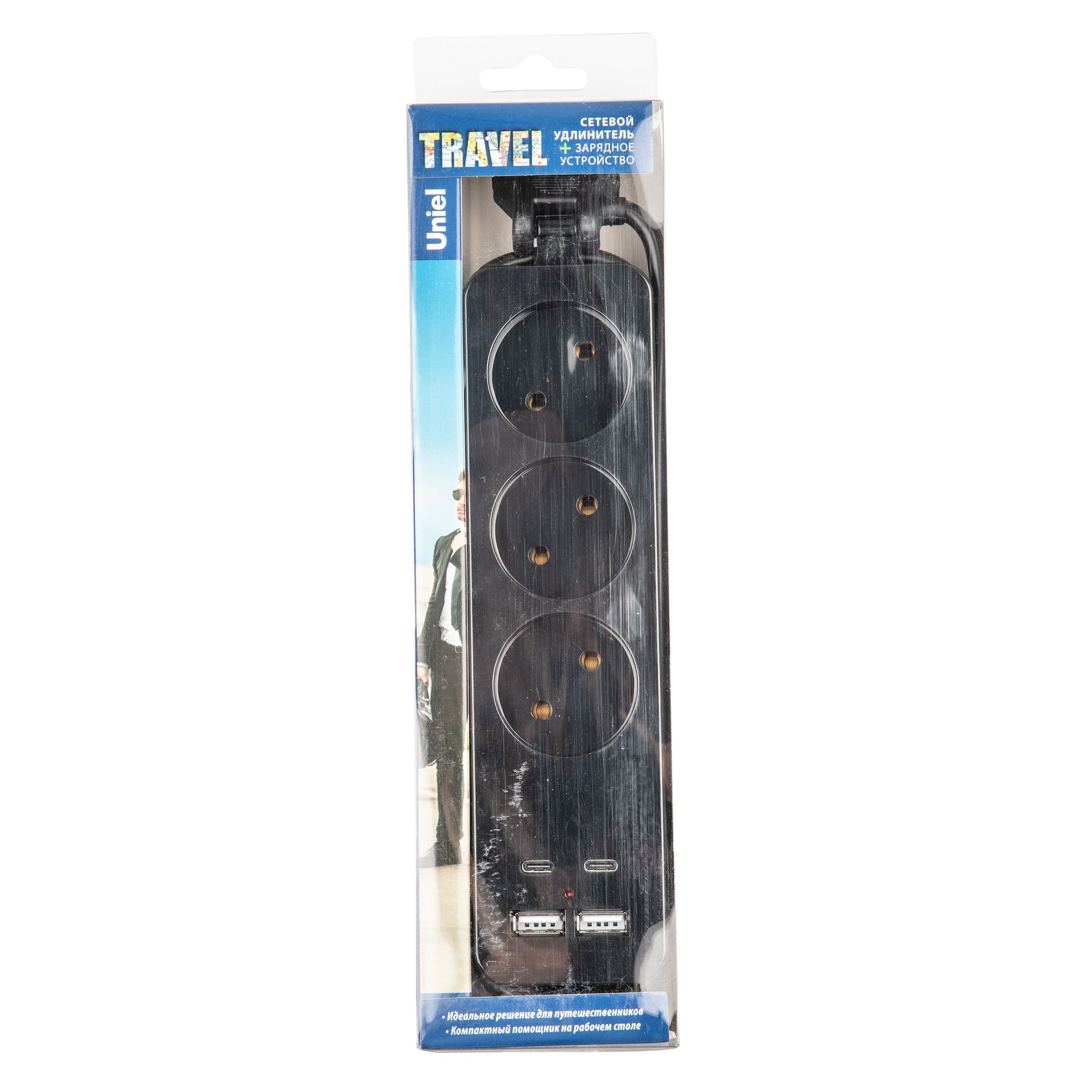 Удлинитель сетевой Uniel Travel Пвс 2х1 3 гнездa 1,8 м 10А б/з 2USB+2TYPE C 3,1A черный