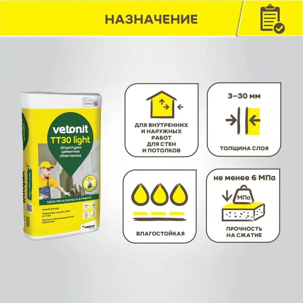 Штукатурка цементная универсальная Vetonit ТТ30 Light 25 кг
