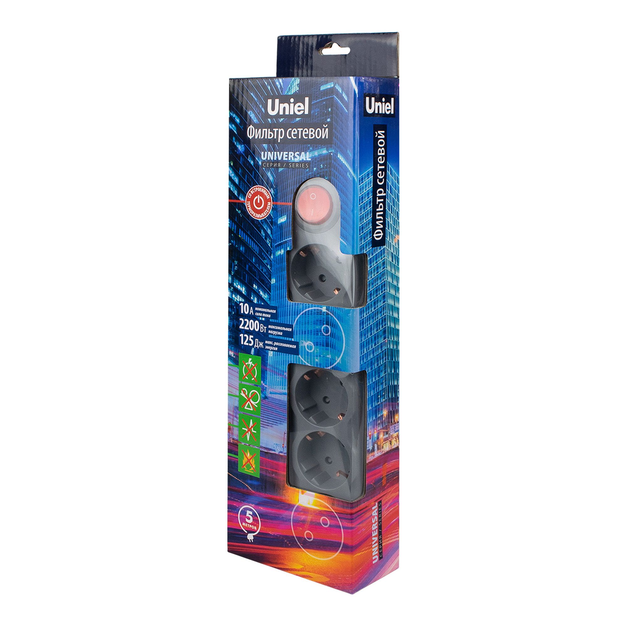 Фильтр сетевой 5 гнезд Uniel Universal S-GSU5-5 GREY с/з 10А 2200Вт 5 м Пвс 3х0,75