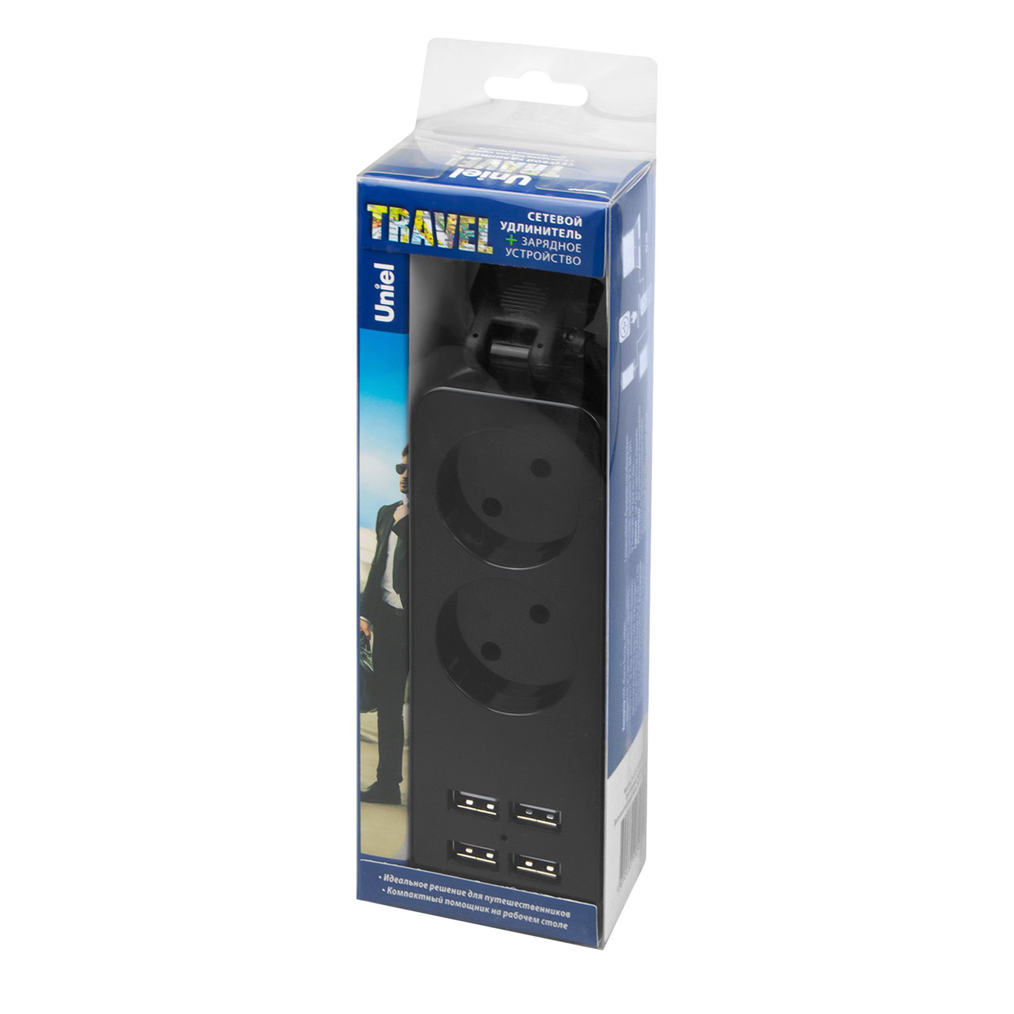 Удлинитель сетевой Uniel Travel Пвс 2х1 2 гнездa 1,5 м 10A б/з 4USB 2,1A черный