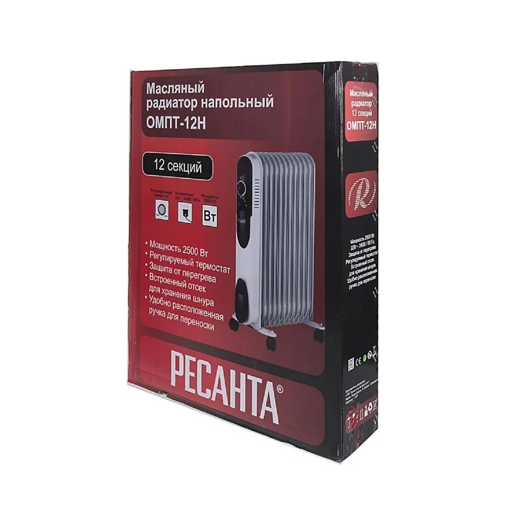 Радиатор 2,5 кВт масл.электр.12 секц.,ОМПТ - 12Н Ресанта, S обогр-25кв.м., 3реж.