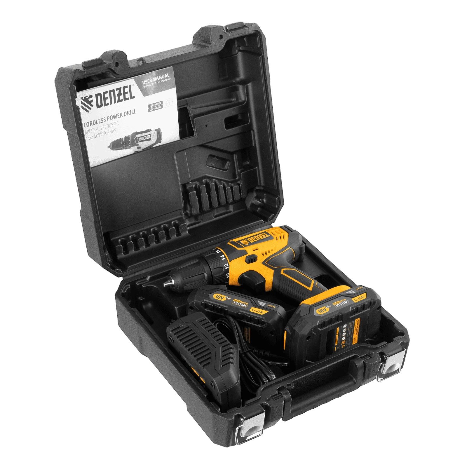 Дрель-шуруповерт аккумуляторная Denzel CDL-18-02BM 18В 2х2Ач 30 Нм